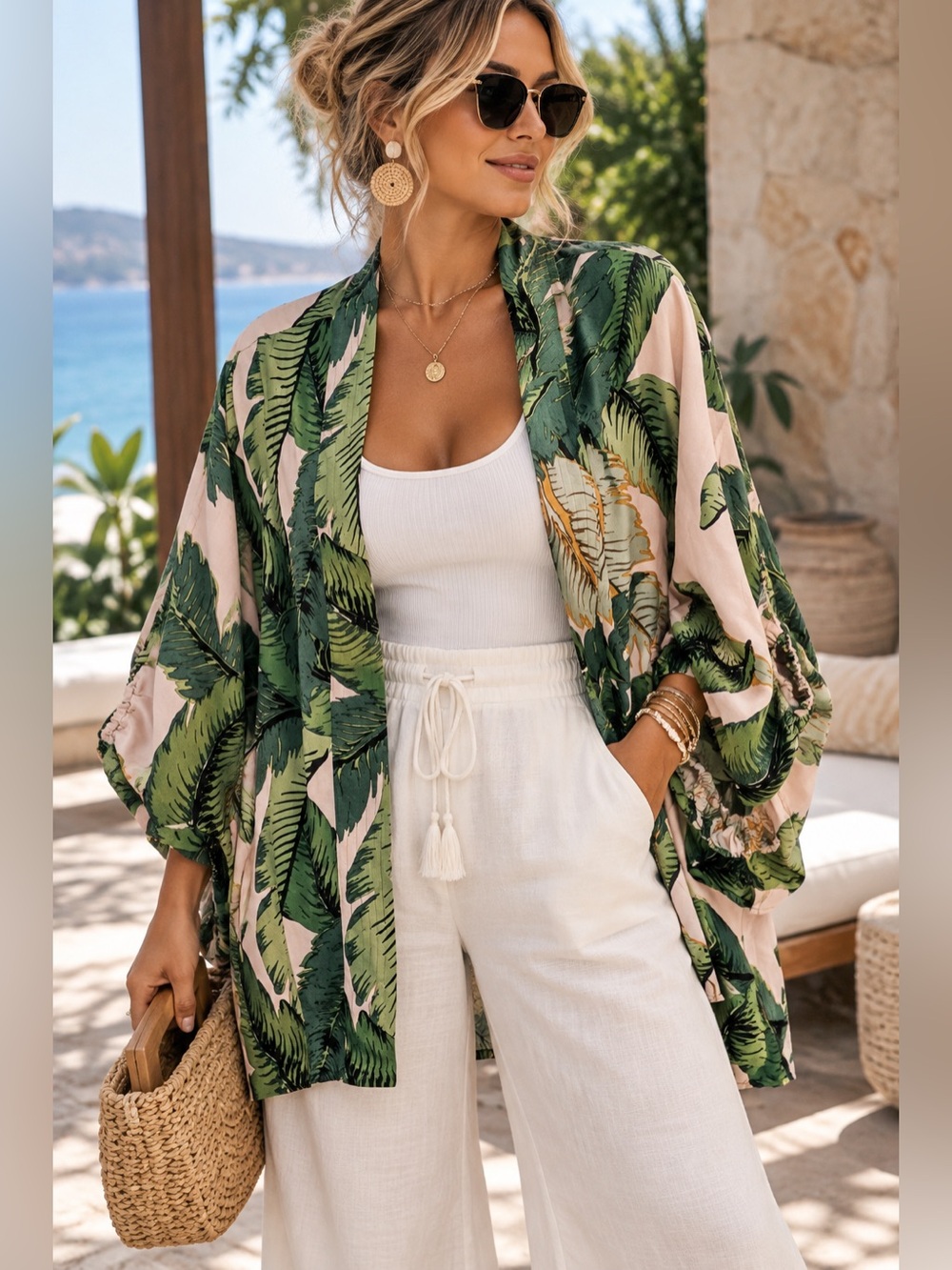 Soft Surroundings Tropical Leaf Kimono Top L/XL Luxe Resort Cruise Boho Blush